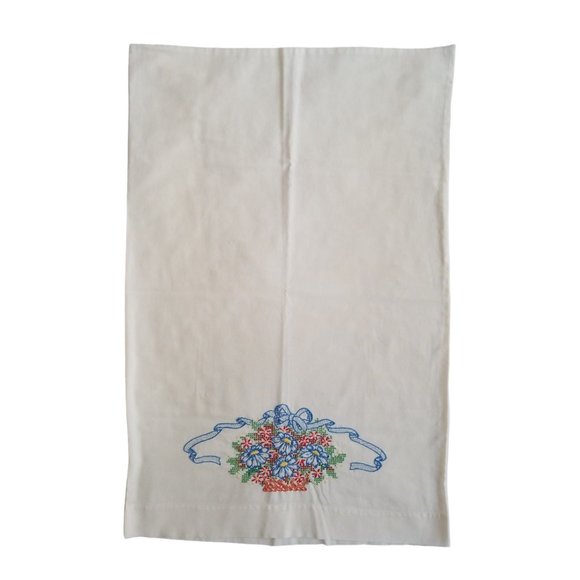 Vintage Floral Basket With Ribbon Hand Embroidered Standard Pillowcase - Picture 4 of 8